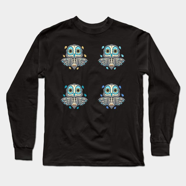 Colorful Grey Blue Beige Yellow Orange Owl Day of the Dead Candy Skeleton Long Sleeve T-Shirt by Scriptnbones